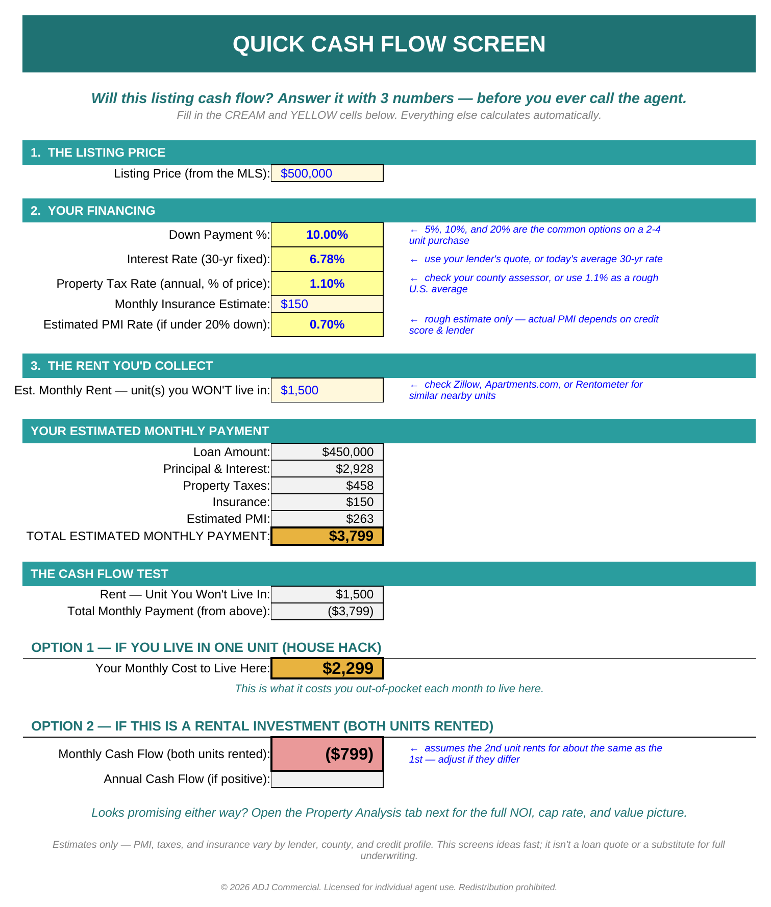 Quick Cash Flow Screen — real output from the tool
